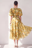 Yellow Floral A Line V Neck Wedding Guest Dress with Puff Sleeves