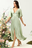 Dusty Sage A Line Deep V Neck Long Bridesmaid Dress with Half Sleeves