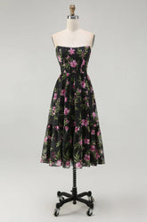 Black Pink Floral A Line Strapless Midi Bridesmaid Dress