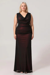Black Red Sheath Cowl Neck Tulle Open Back Maxi Plus Size Dress with Slit