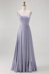 Dusty Blue A Line Satin Long Bridesmaid Dress with Lace Up Back