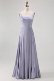 Dusty Blue A Line Satin Long Bridesmaid Dress with Lace Up Back