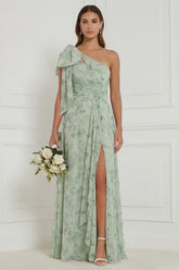 Dusty Sage One Shoulder A Line Floral Bridesmaid Dress with Slit