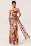 Dusty Rose Flower Spaghetti Straps Corset Ruched Long Bridesmaid Dress with Slit