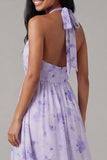 Halter Pleated Floral A Line Lilac Midi Wedding Guest Dress