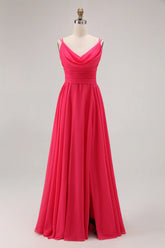 Hot Pink Cowl Neck A Line Chiffon Long Bridesmaid Dress with Slit