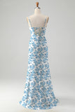 White Blue Flower A Line Cowl Neck Printed Long Bridesmaid Dress With Slit
