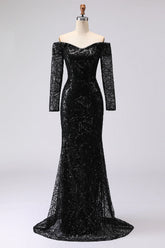 Off The Shoulder Black Sheath Mesh Lace Formal Dress