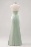 Sage Green Sheath Halter Ruched Satin Long Bridesmaid Dress with Slit