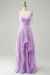 A Line Spaghetti Straps Chiffon Long Bridesmaid Dress with Ruffles