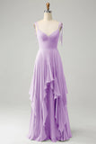 A Line Spaghetti Straps Chiffon Long Bridesmaid Dress with Ruffles