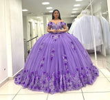 Ball Gown Lace Off the Shoulder Lavender Quinceanera Dress