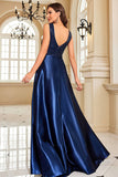 Sparkly Navy A Line V Neck Sequins Satin Formal Dress with Pockets
