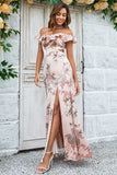 Blush Flower Mermaid Off The Shoulder Long Bridesmaid Dress with Slit