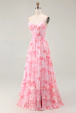 Pink Flower A Line Spaghetti Straps Corset Long Bridesmaid Dress with Ruffles