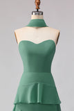 Eucalyptus Sweetheart A Line Tiered Ruffled Long Bridesmaid Dress with Streamer