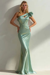 Sage Green Mermaid One Shoulder 3D Flower Cut Out Long Formal Dress