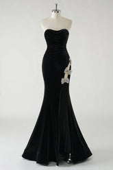 Sparkly Black Mermaid Strapless Velvet Bows Long Prom Dress With High Slit
