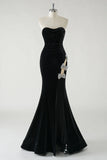 Sparkly Black Mermaid Strapless Velvet Bows Long Prom Dress With High Slit