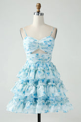 Blue Flower A Line Tiered Pleated Short Homecoming Dress