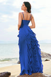 Dark Blue A Line Spaghetti Straps Floor Length Bridesmaid Dress with Ruffles