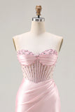 Sparkly Pink Mermaid Strapless Beaded Corset Long Prom Dress with Slit