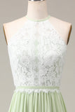 Dusty Sage A Line Halter Neck Lace and Chiffon Floor Length Bridesmaid Dress