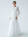 A Line Illusion Neck Long Sleeves Sweep Train Organza Wedding Dresses