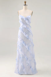 Blue Flower Sheath Printed Long Bridesmaid Dress with Lace Up Back