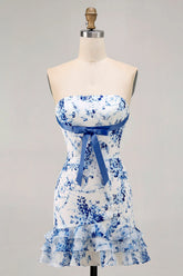 White Blue Flower Bodycon Strapless Printed Short Homecoming Dress