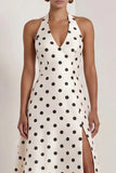 Halter White Black Polka Dot A Line Formal Dress with Slit