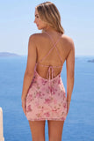 Pink Spaghetti Straps Floral Bodycon Short Homecoming Dress with Beading