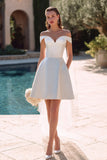 White A Line Off The Shoulder Satin Mini Bridal Shower Dress