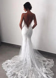 Spaghetti Straps Backless Mermaid Lace Wedding Dresses with Appliques