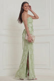 Sage Green Floral Strapless Corset Long Bridesmaid Dress with Slit
