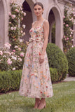 Pink Embroidered Floral A Line Midi Wedding Guest Dress with Bow