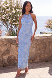 Halter Blue Floral Sheath Wedding Guest Dress