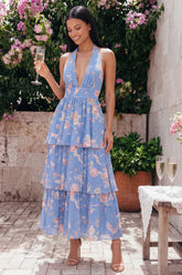 Blue Halter A Line Tiered Floral Wedding Guest Dress