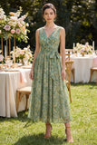 A Line Dusty Green V Neck Floral Wedding Guest Dress with Sash