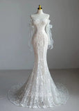 Lace Mermaid Covered Button Long Sleeve Train Wedding Dress