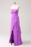 Tahiti Sheath Spaghetti Straps Ruffle Long Bridesmaid Dress with Slit