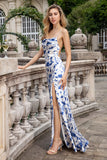 Blue Flower Mermaid Floral Lace Up Back Print Long Bridesmaid Dress With Slit