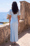 Sparkly Light Blue Sheath V Neck Wedding Guest Dress