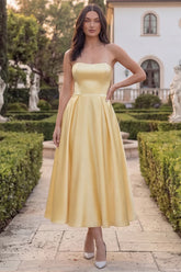 Strapless Yellow A Line Satin Midi Wedding Guest Dress