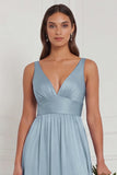 Dusty Blue A Line V Neck Bridesmaid Dress with Slit