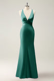 Mermaid Deep V Neck Pleated Backless Bridesmaid Dress with Lace Up Back