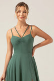 A Line Spaghetti Straps Pleated Chiffon Eucalyptus Bridesmaid Dress With Slit