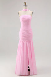 Pink Strapless Ruched Mermaid Long Bridesmaid Dress with Slit