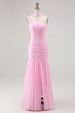 Pink Strapless Ruched Mermaid Long Bridesmaid Dress with Slit