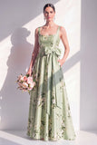 Printed Floral A Line Square Neck Sage Green Bridesmaid Dress with Pockets